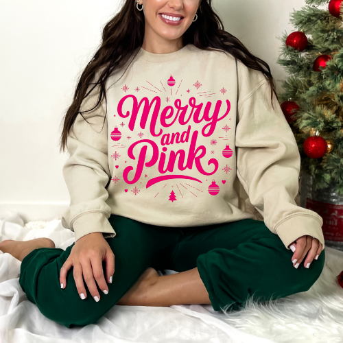 Merry and Pink Sweatshirt, Cozy Crewneck Top, Holiday Apparel, Christmas Gift, Winter Wear, Festive Casual Clothing