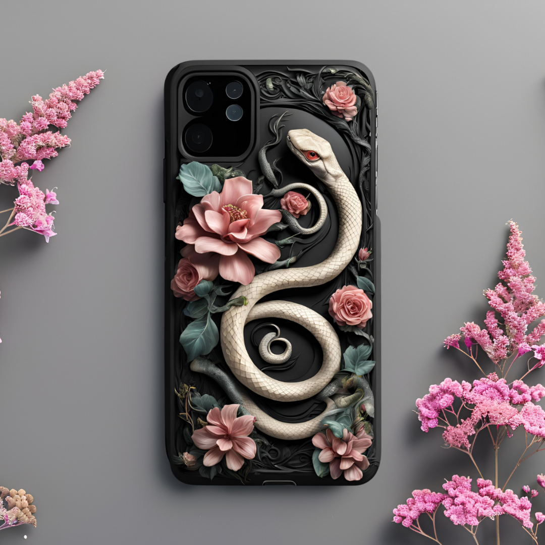 Serpent Floral iPhone Case - Elegant Tough Protection, 3D Snake and Flowers Phone Case for iPhone, Samsung, and Google Pixel