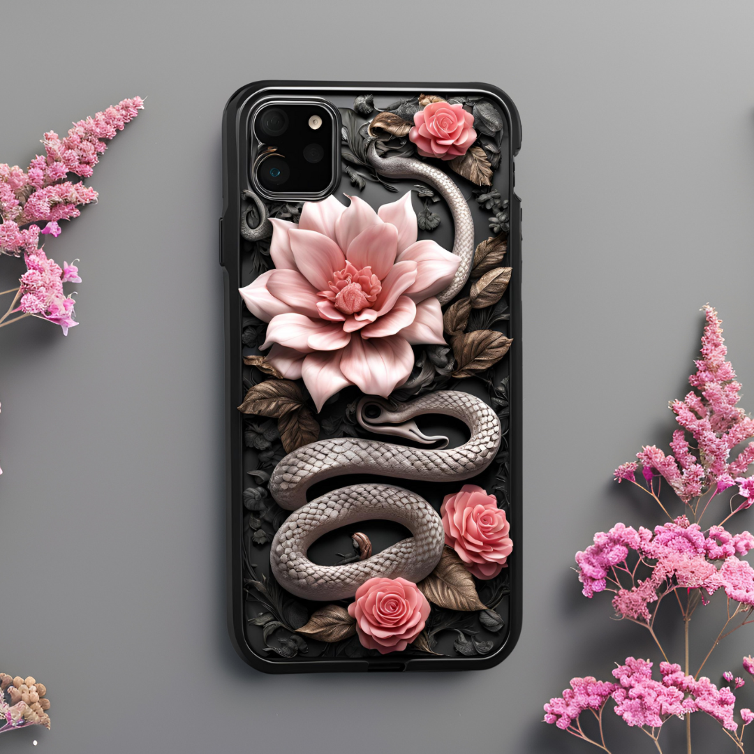 Artistic Snake and Flower iPhone Case - Tough Cases for Nature Lovers, 3D Snake and Flowers Phone Case for iPhone, Samsung, and Google Pixel