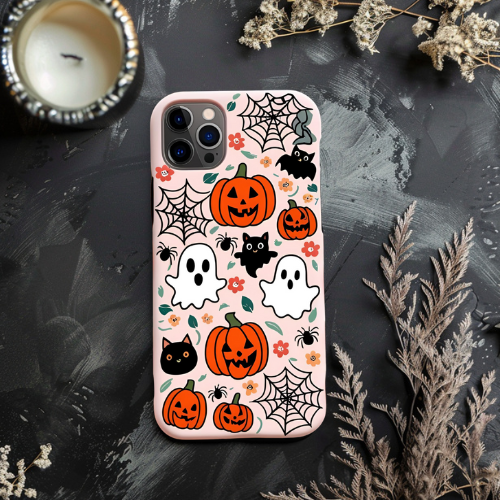 Halloween 3d look pink pastel clay ghost floral cute flower iPhone, Samsung, and Google Pixel. Halloween Doodle Phone Case
