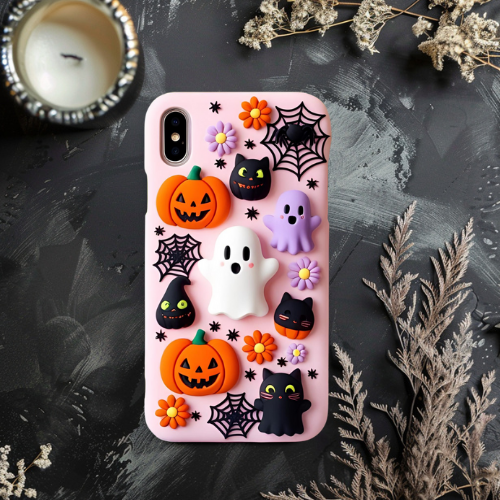 Halloween 3d look pink pastel clay ghost floral cute flower iPhone, Samsung, and Google Pixel. Halloween Doodle Phone Case
