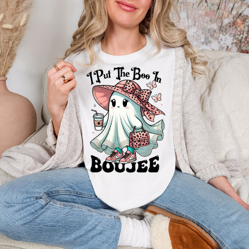 I Put The Boo In Boujee Ghost Unisex Garment-Dyed T-Shirt - Fun Halloween Tee for Fashion Lovers
