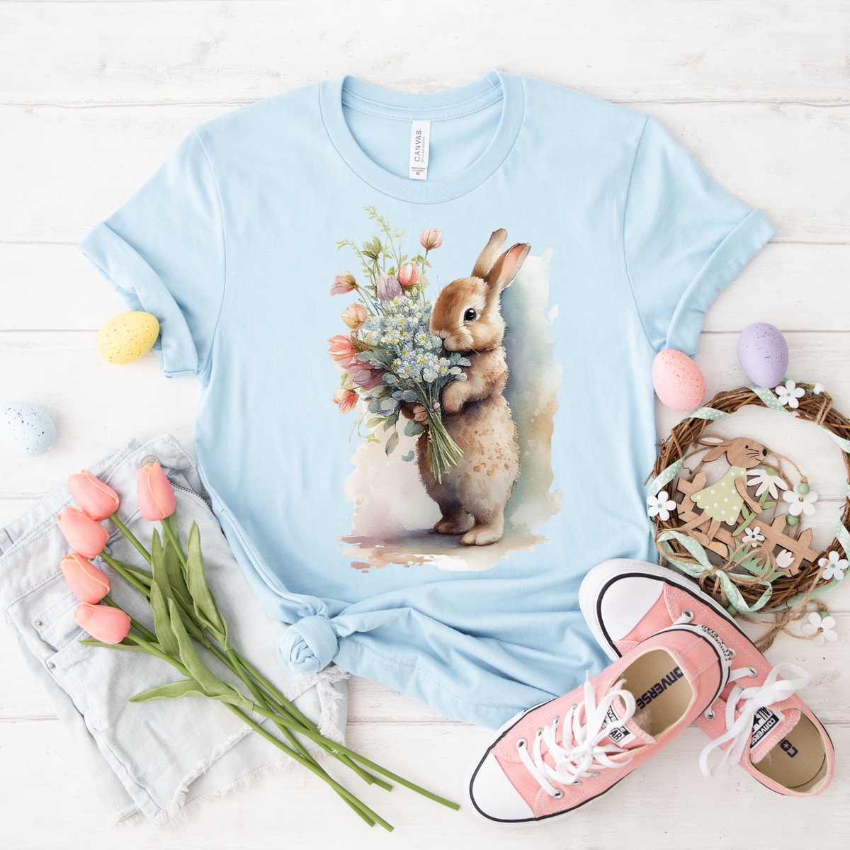 Floral Bunny T-Shirt, Cute Spring Tee, Rabbit Graphic Shirt, Gift for Animal Lovers, Easter Apparel, Garden Party Top