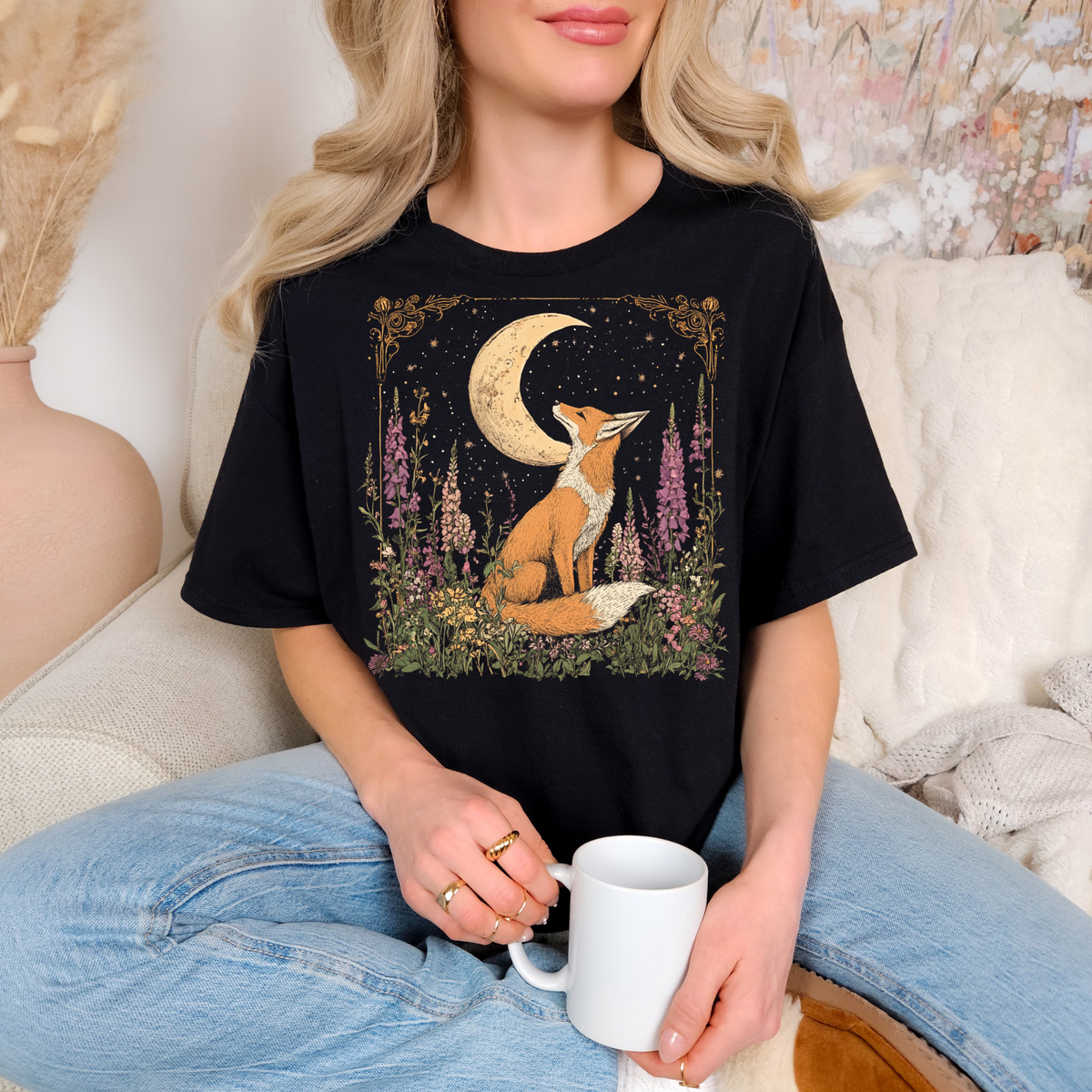 Moonlit Fox Unisex Softstyle T-Shirt | Nature Lover's Tee, Fox Cottage Core Shirt, Celestial Shirt