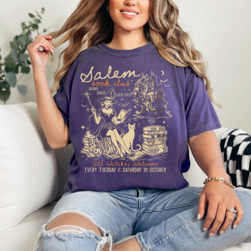 Salem Book Club T-Shirt - Unisex Garment-Dyed Tee for Book Lovers,  Vintage Salem Witch Halloween Shirt