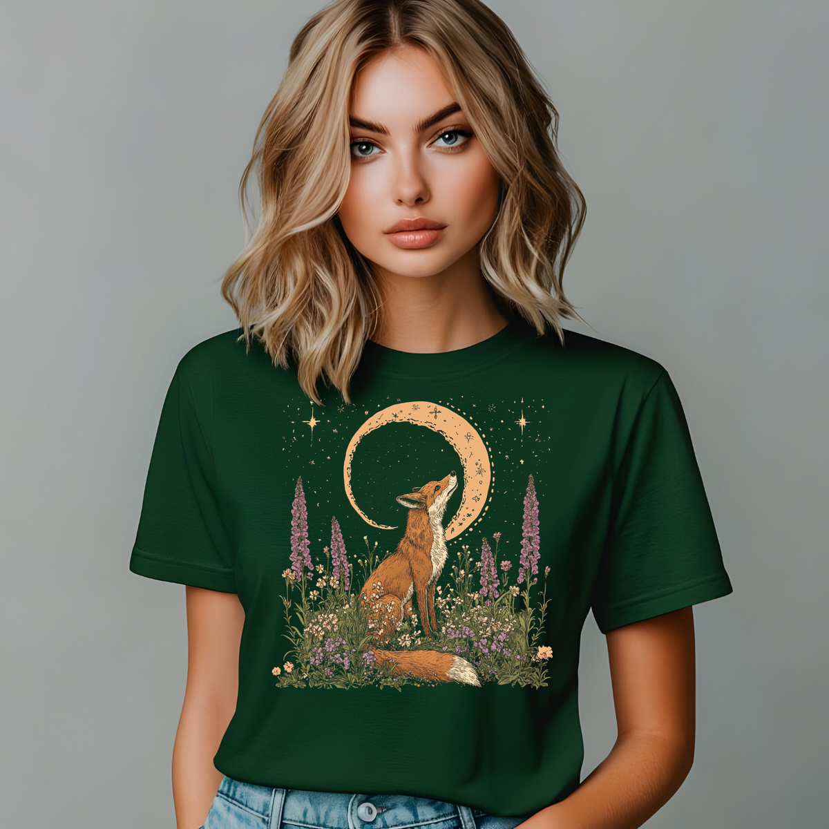 Moonlit Fox Unisex Softstyle T-Shirt - Nature Lover's Tee, Celestial Shirt, Fox Cottage Core Shirt