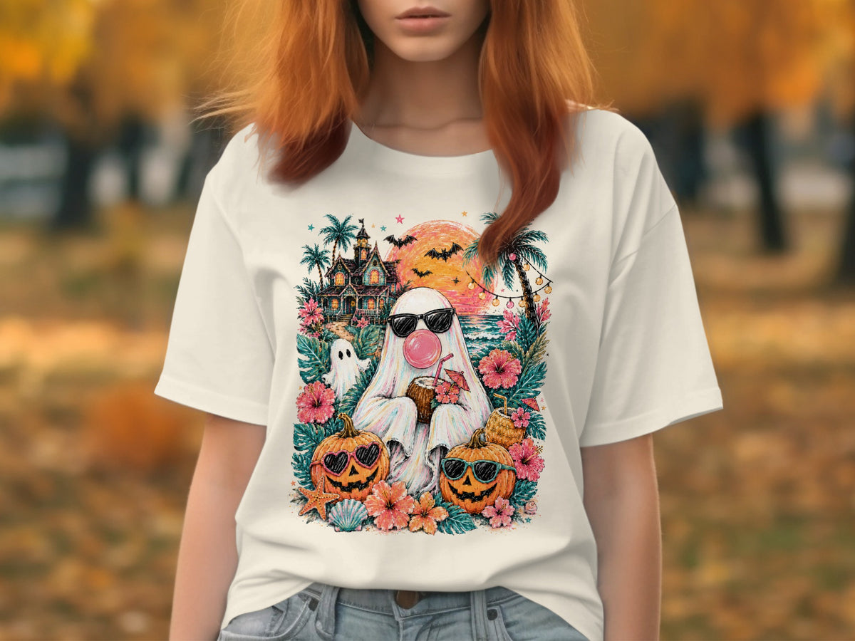 White t-shirt with a ghost in sunglasses blowing bubble gum, surrounded by pumpkins.