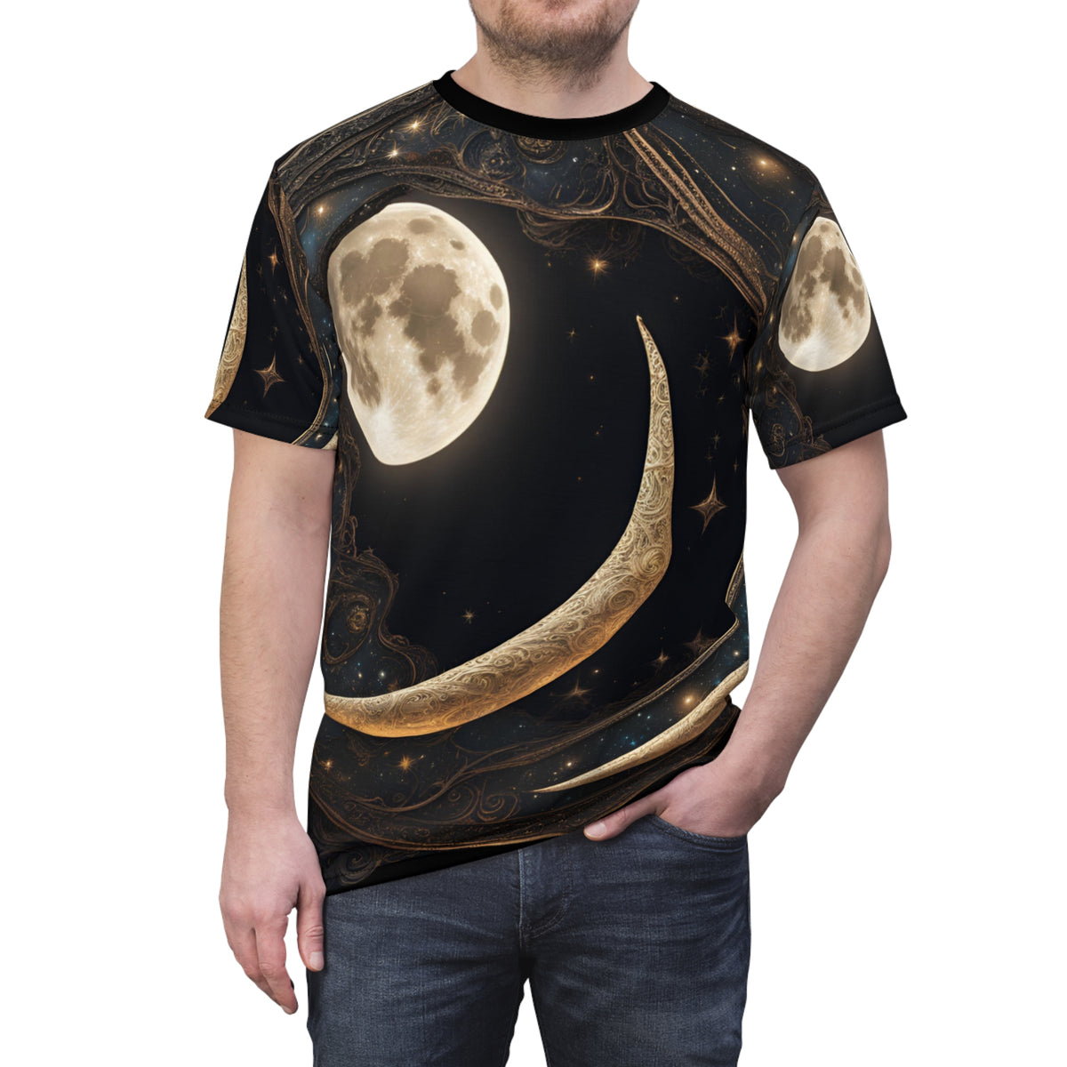 Celestial Moon Unisex Tee - Starry Night Graphic Shirt, Celestial Crescent Moon Shirt, Celestial AOP Shirt