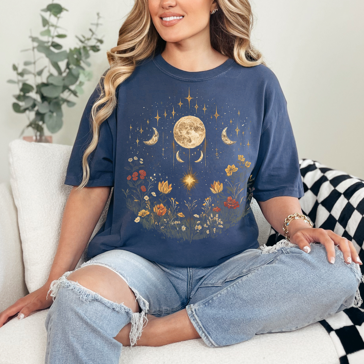 Cosmic Floral Unisex T-Shirt - Garment-Dyed Moon and Stars Design, Cottage Core Celestial Shirt, Moon Phase Shirt