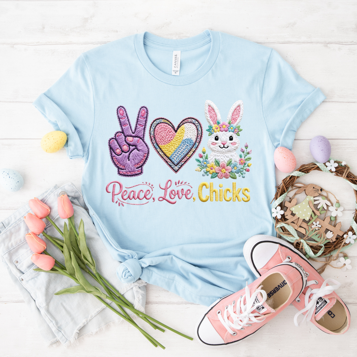 Peace, Love, Chicks Tee — Easter Bunny & Heart Graphic T-Shirt
