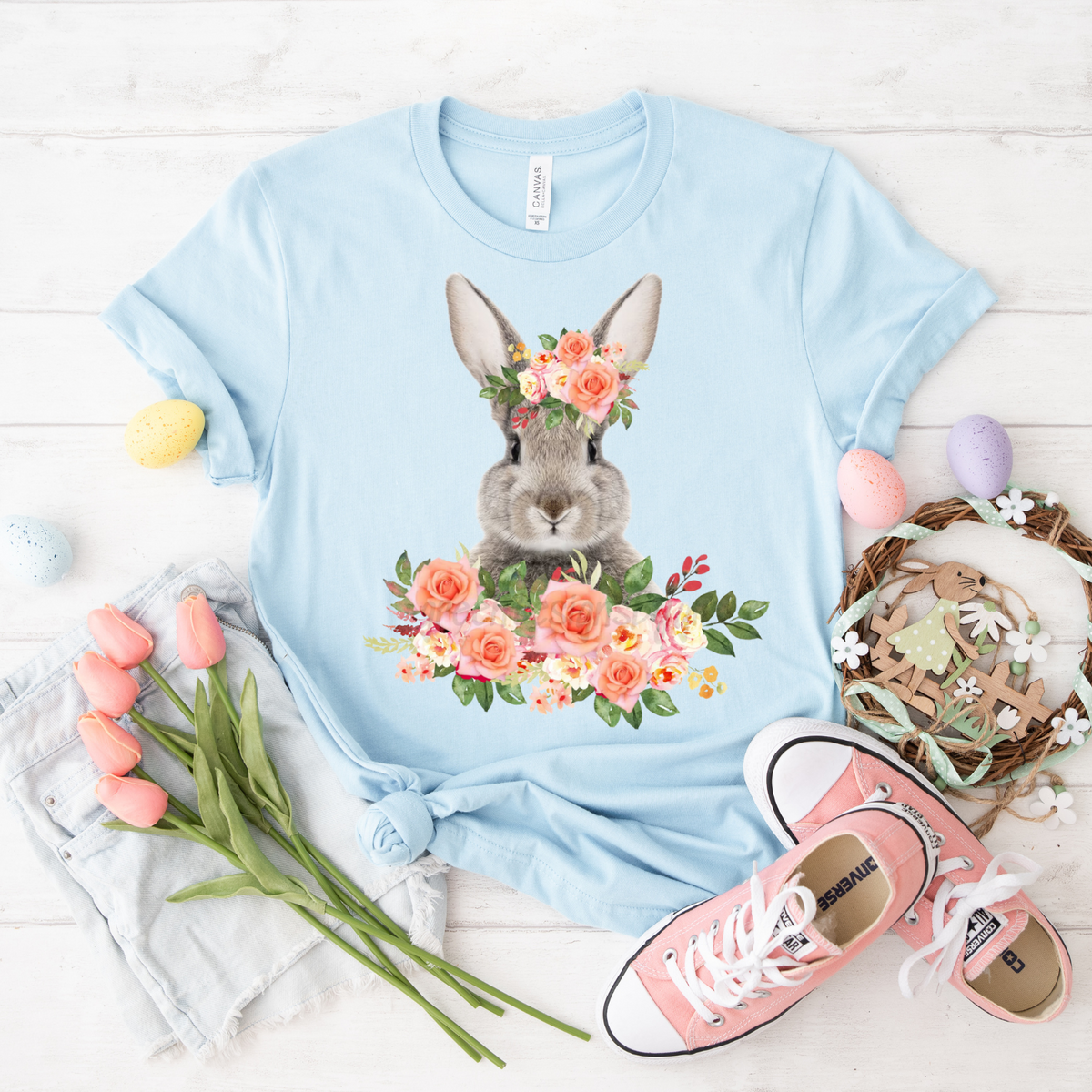 Floral Bunny T-Shirt, Spring Fashion, Garden Party Top, Easter Gift, Nature Lover's Tee, Animal Art Shirt