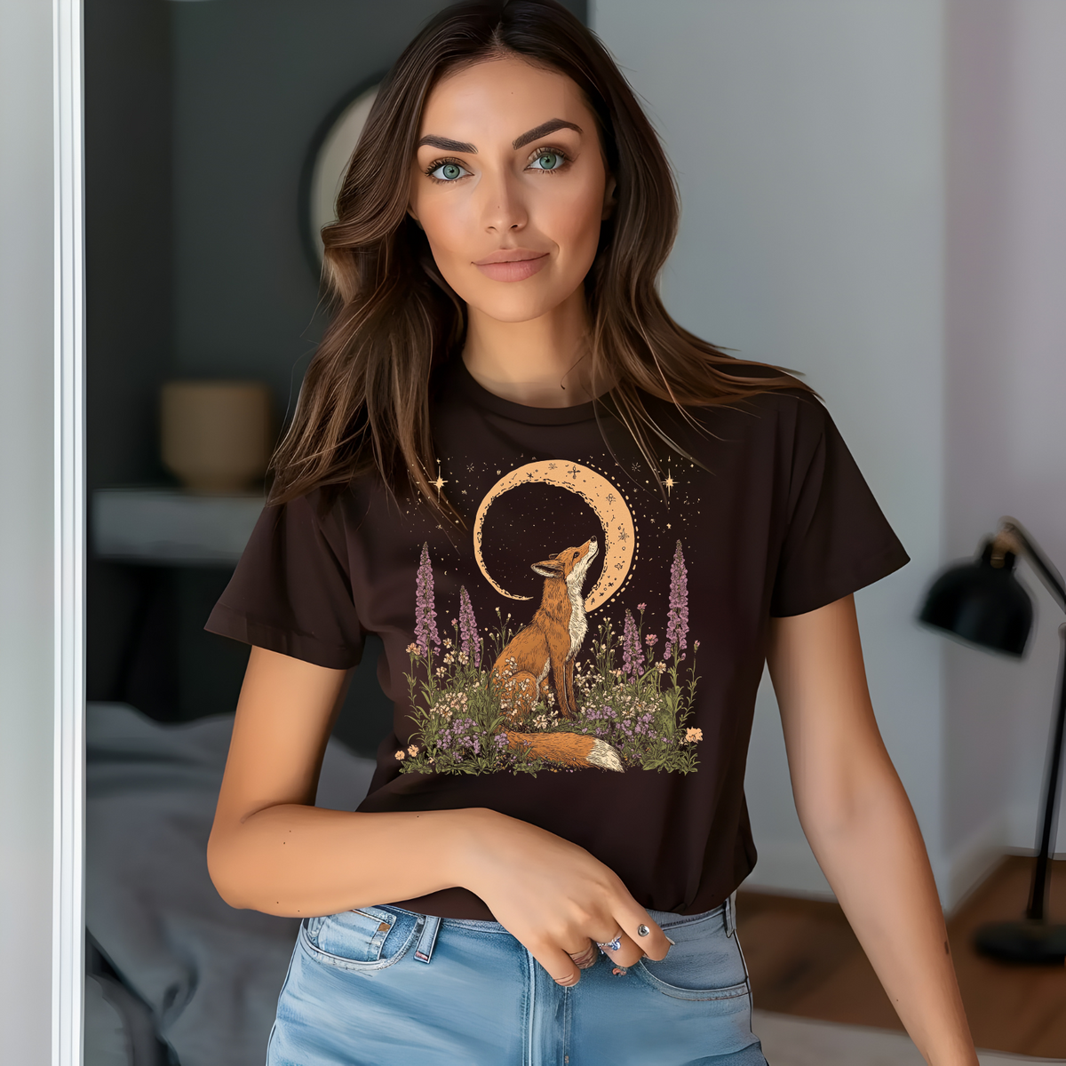 Moonlit Fox Unisex Softstyle T-Shirt - Nature Lover's Tee, Celestial Shirt, Fox Cottage Core Shirt