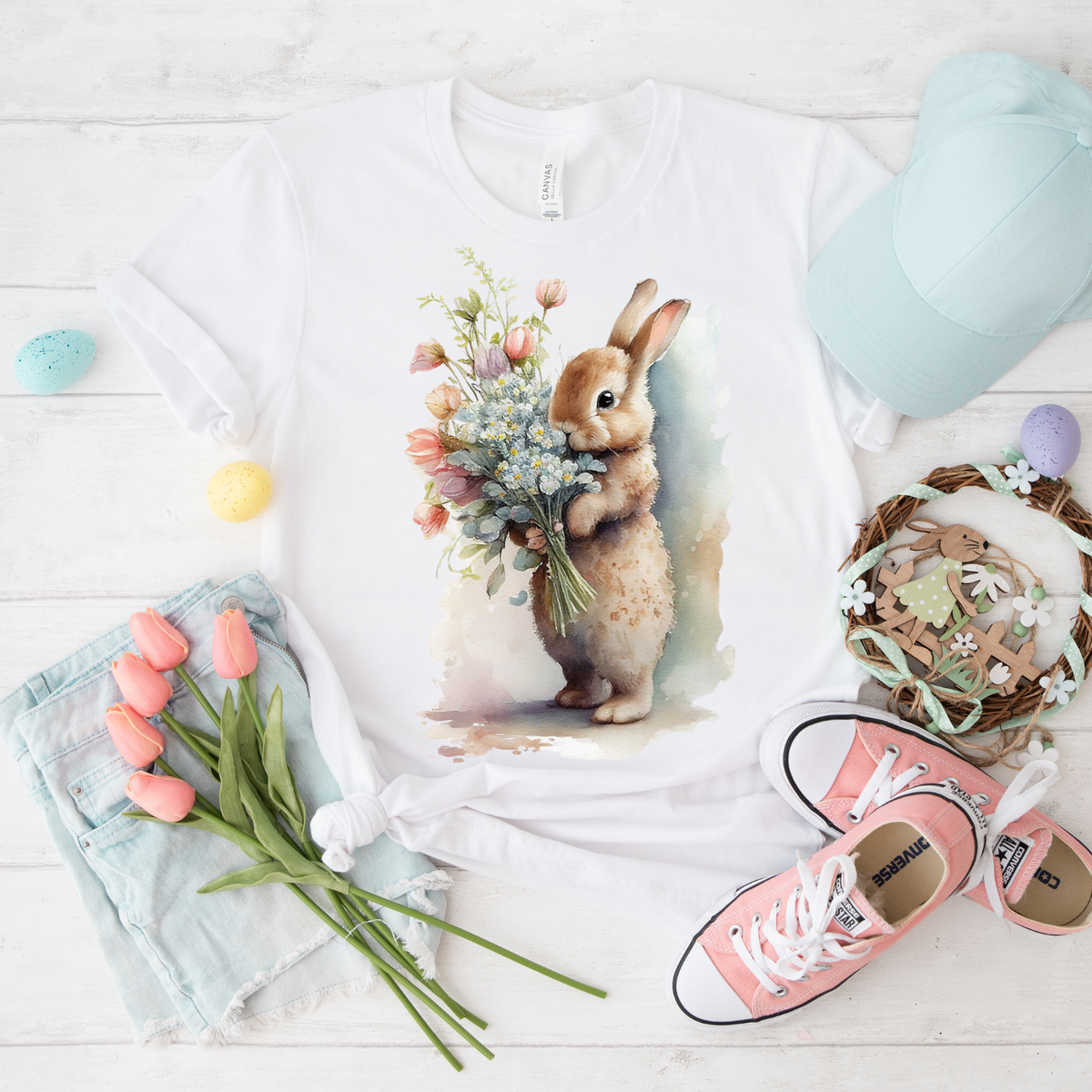 Floral Bunny T-Shirt, Cute Spring Tee, Rabbit Graphic Shirt, Gift for Animal Lovers, Easter Apparel, Garden Party Top