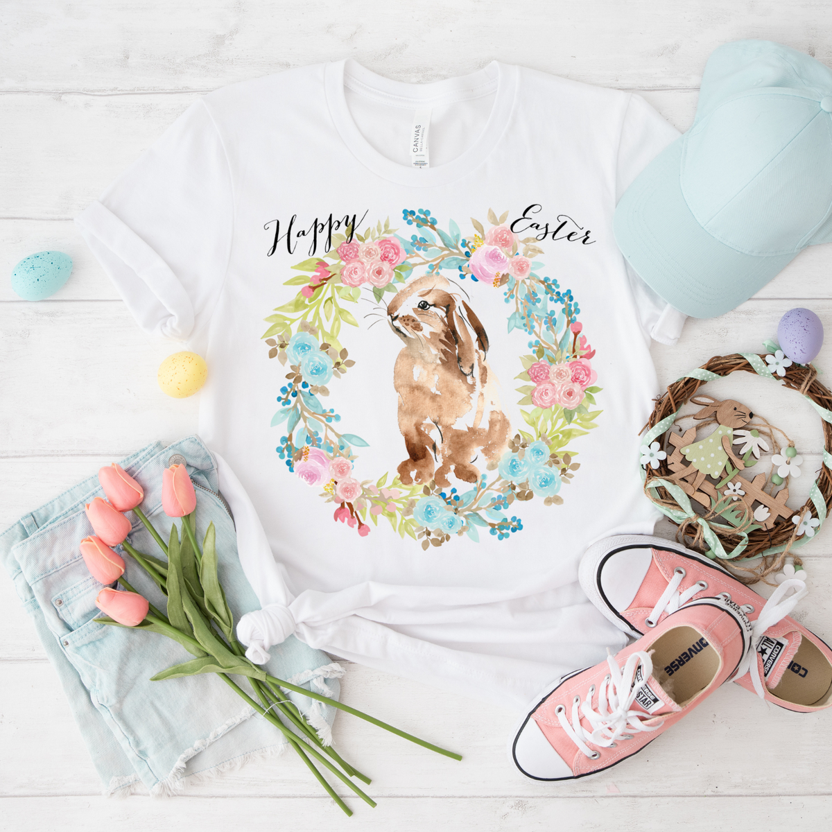 Water Color Floral Rabbit Tee, Cute Animal Shirt for Spring, Happy Easter Gift, Casual Unisex T-Shirt, Soft Jersey Top