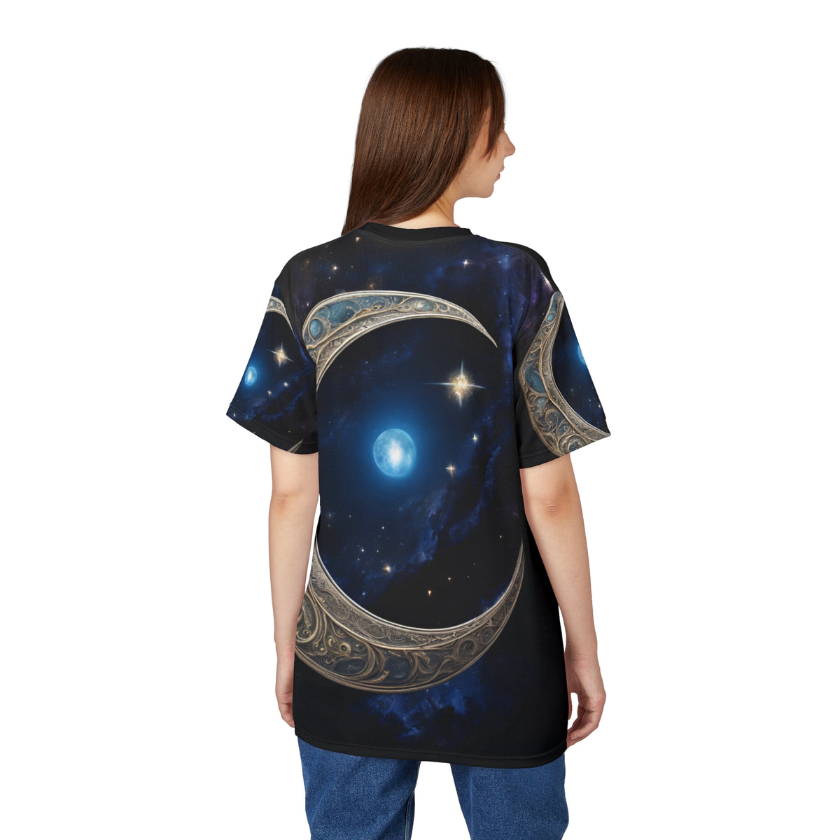 Celestial Chic Unisex Cut & Sew Tee - Mystical Moon & Star Design, Celestial Crescent Moon AOP Shirt