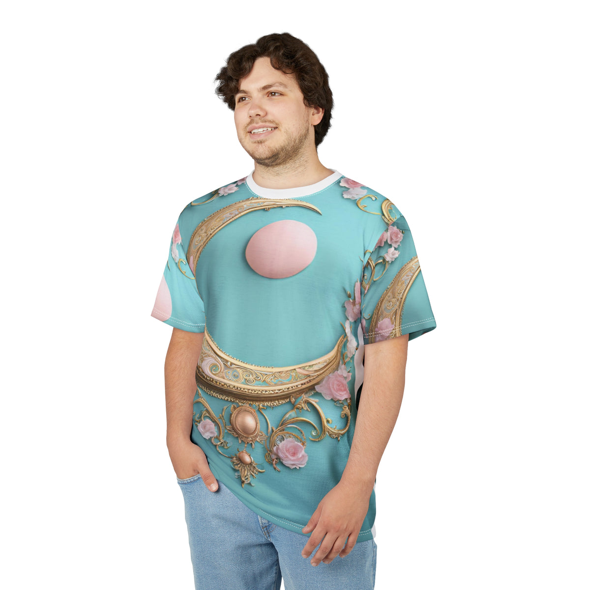 Elegant Moon & Floral Unisex Tee - Stylish Cut & Sew Design, Elegant Crescent Moon AOP Shirt