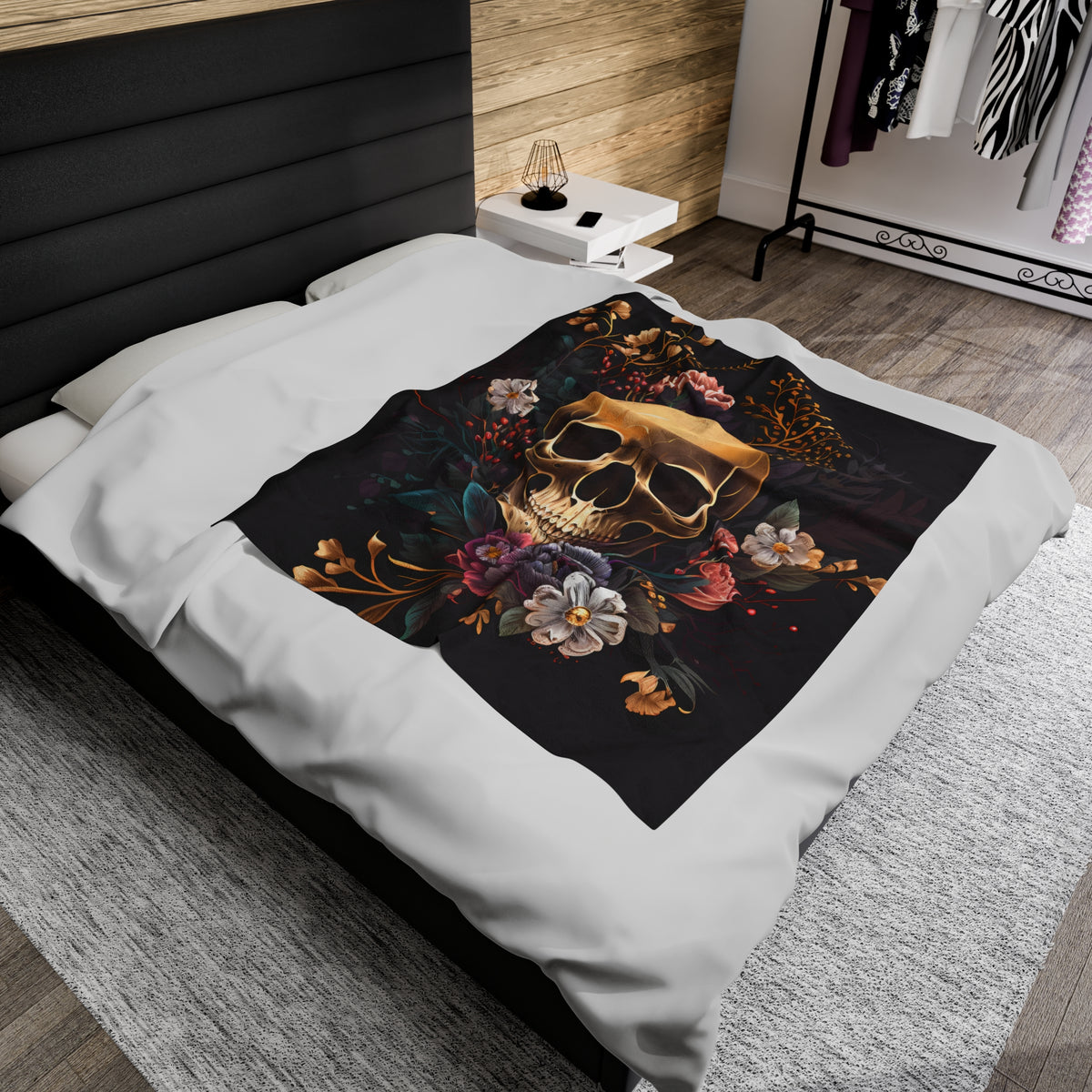 Skull and Flowers Velveteen Plush Blanket, Skull and Flowers Blanket, Gothic Design Blanket, Halloween Blanket, Skull and Flowers Gift