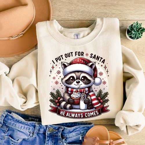 Festive Raccoon Sweatshirt, Cozy Holiday Crewneck, Winter Gift, Ugly Sweater Party, Christmas Sweater, Unisex Holiday Apparel