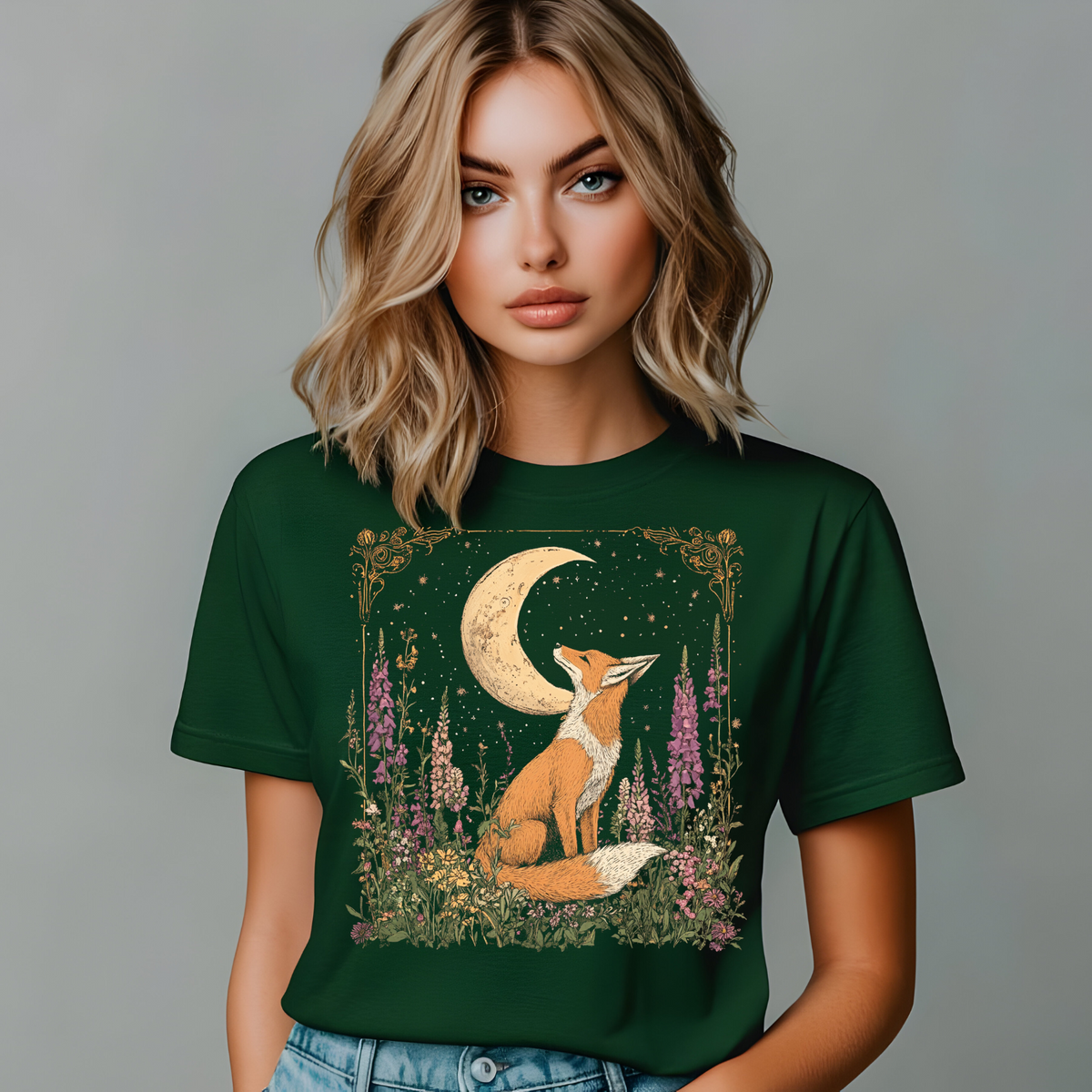 Moonlit Fox Unisex Softstyle T-Shirt | Nature Lover's Tee, Fox Cottage Core Shirt, Celestial Shirt
