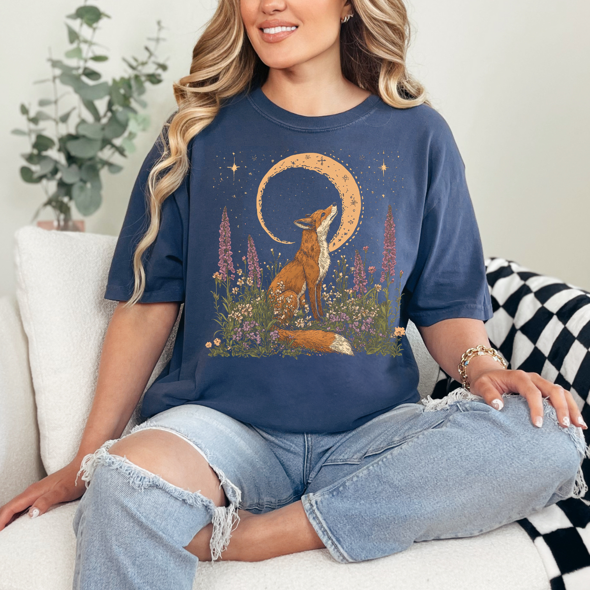 Moonlit Fox Unisex Softstyle T-Shirt - Nature Lover's Tee, Celestial Shirt, Fox Cottage Core Shirt
