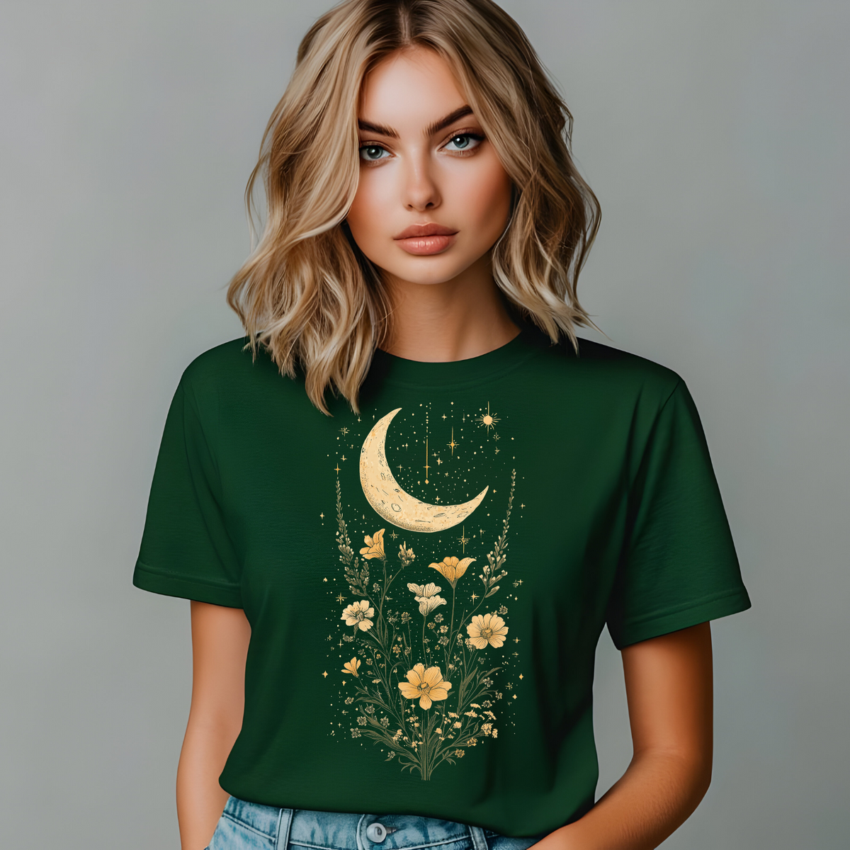 Moonlit Floral Unisex Softstyle T-Shirt - Night Sky Design for Nature Lovers, Celestial Cottage Core Shirt