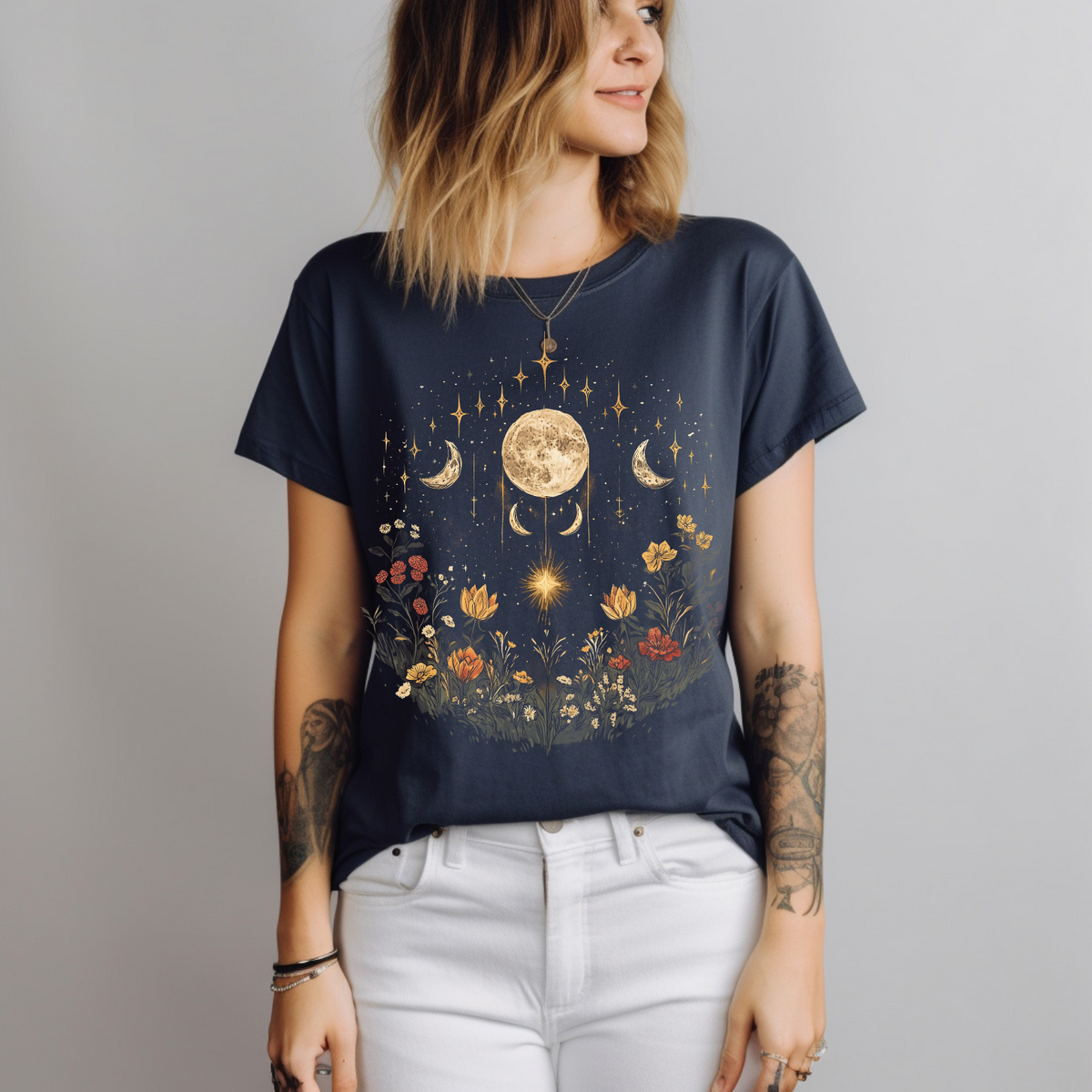 Cosmic Floral Unisex T-Shirt - Garment-Dyed Moon and Stars Design, Cottage Core Celestial Shirt, Moon Phase Shirt