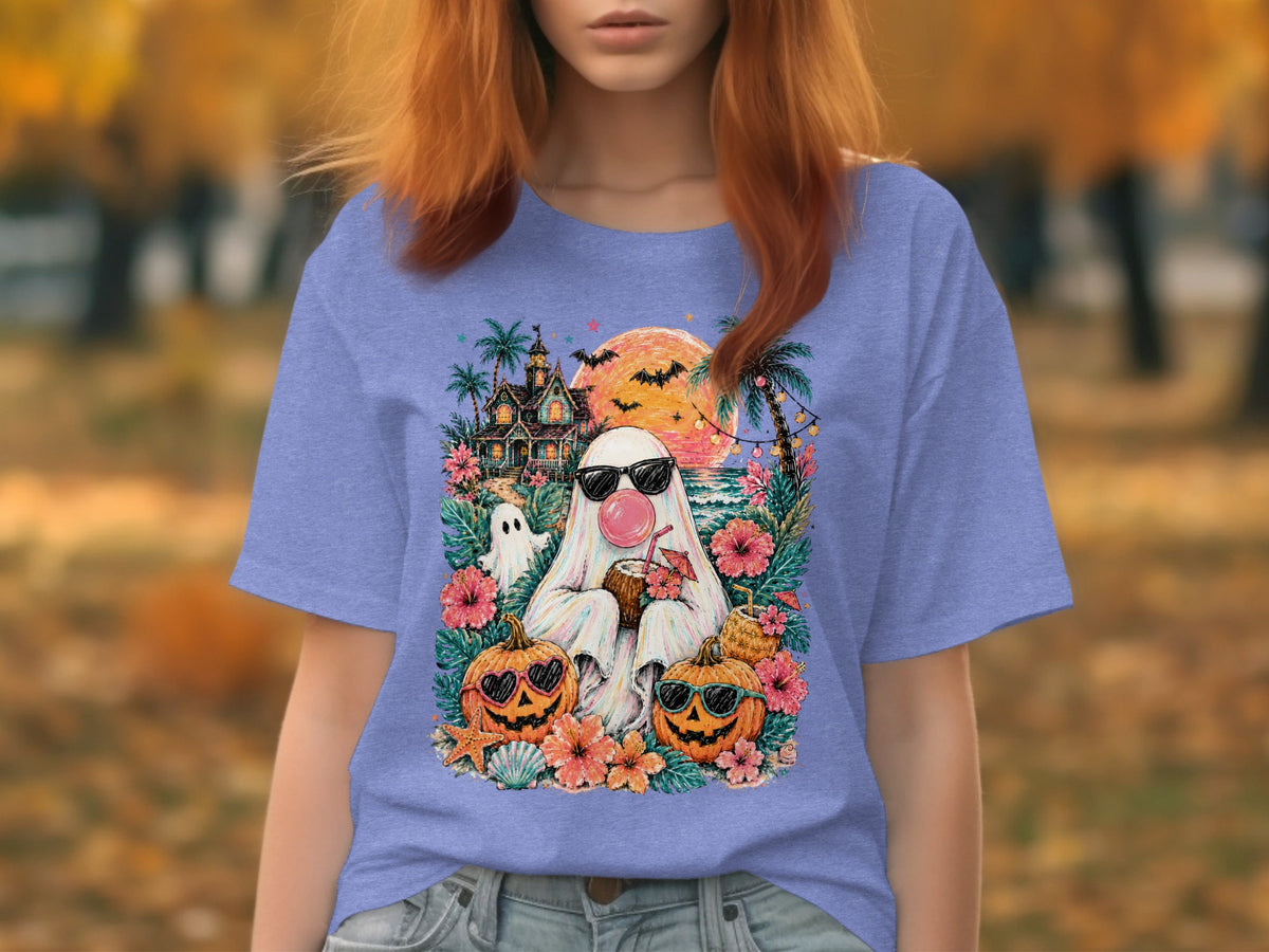 Ghost in sunglasses blowing bubblegum surrounded by pumpkins and tropical flowers.