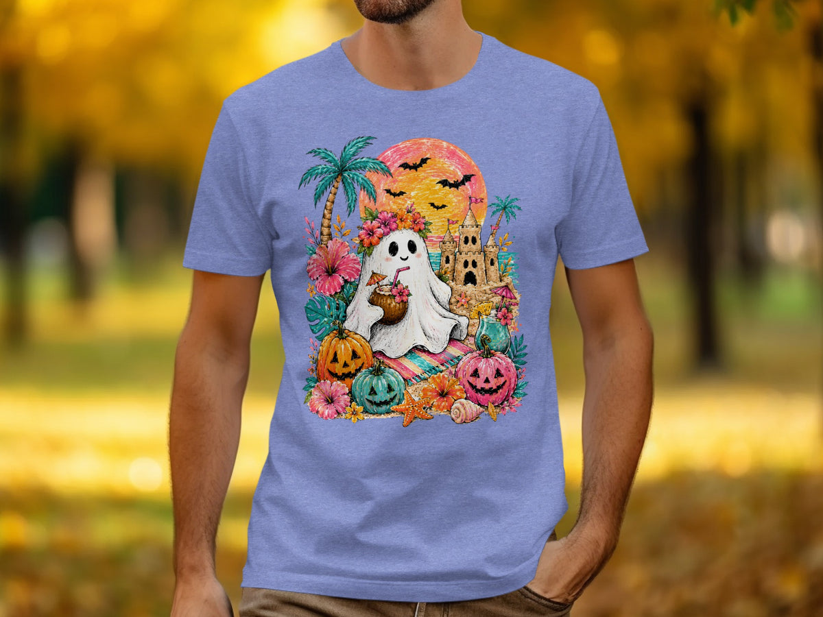Cute ghost character with tropical Halloween theme on a t-shirt.