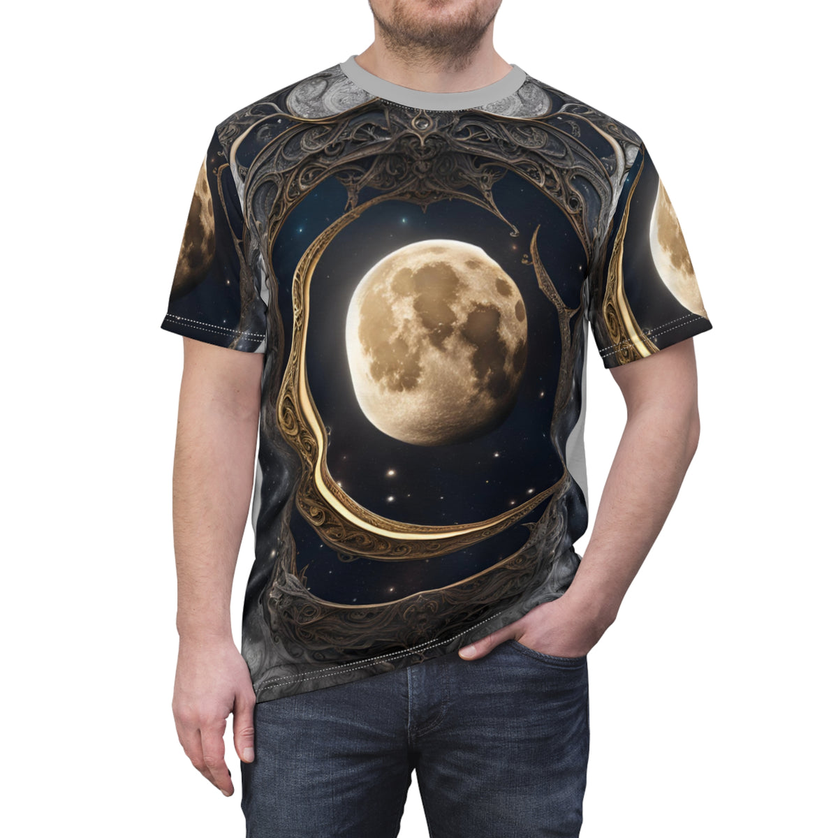 Celestial Moon Unisex Cut & Sew Tee - Dreamy Space Vibes, Celestial Moon AOP Shirt