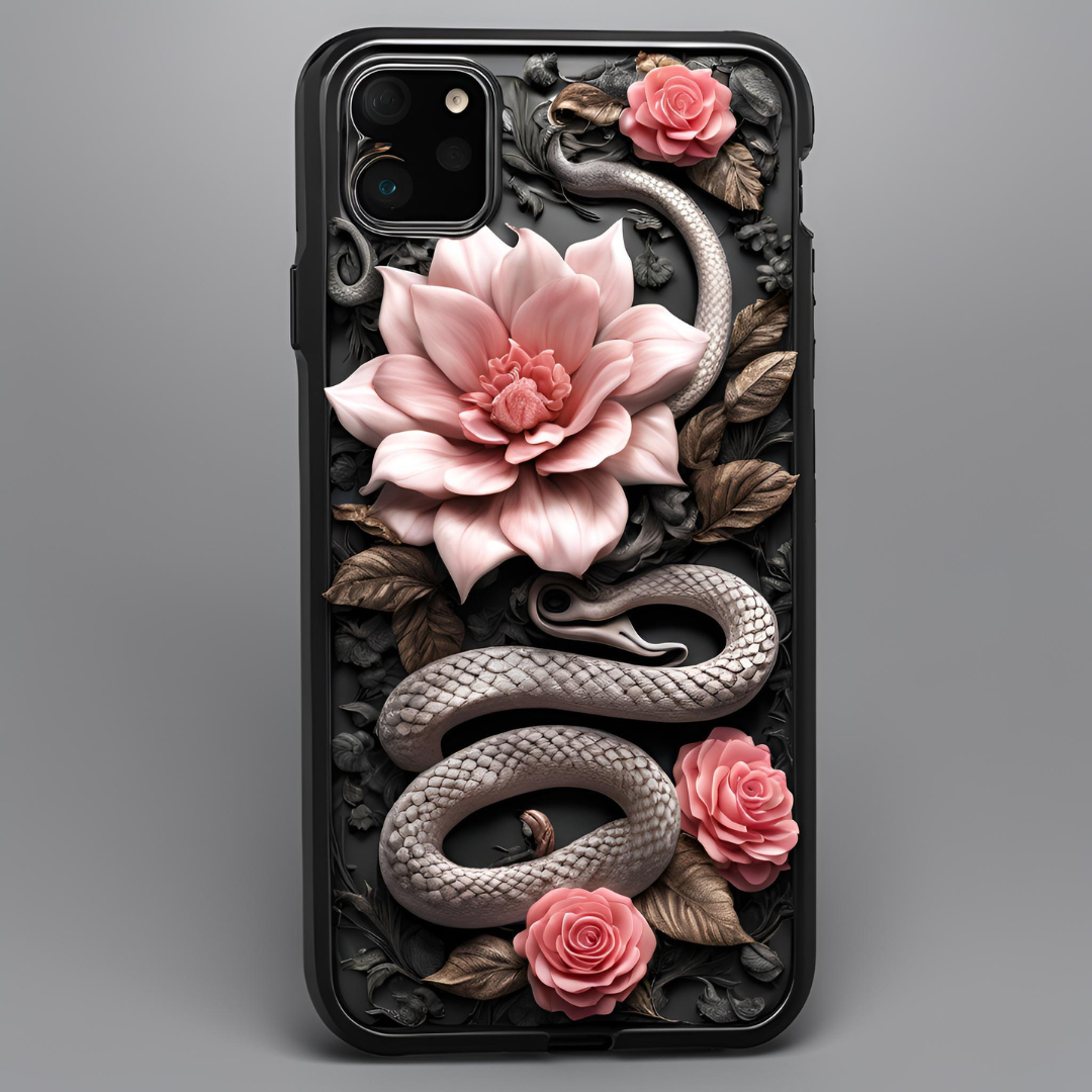 Artistic Snake and Flower iPhone Case - Tough Cases for Nature Lovers, 3D Snake and Flowers Phone Case for iPhone, Samsung, and Google Pixel
