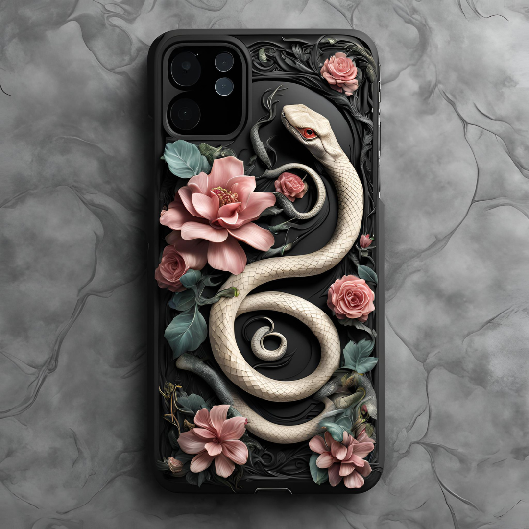 Serpent Floral iPhone Case - Elegant Tough Protection, 3D Snake and Flowers Phone Case for iPhone, Samsung, and Google Pixel