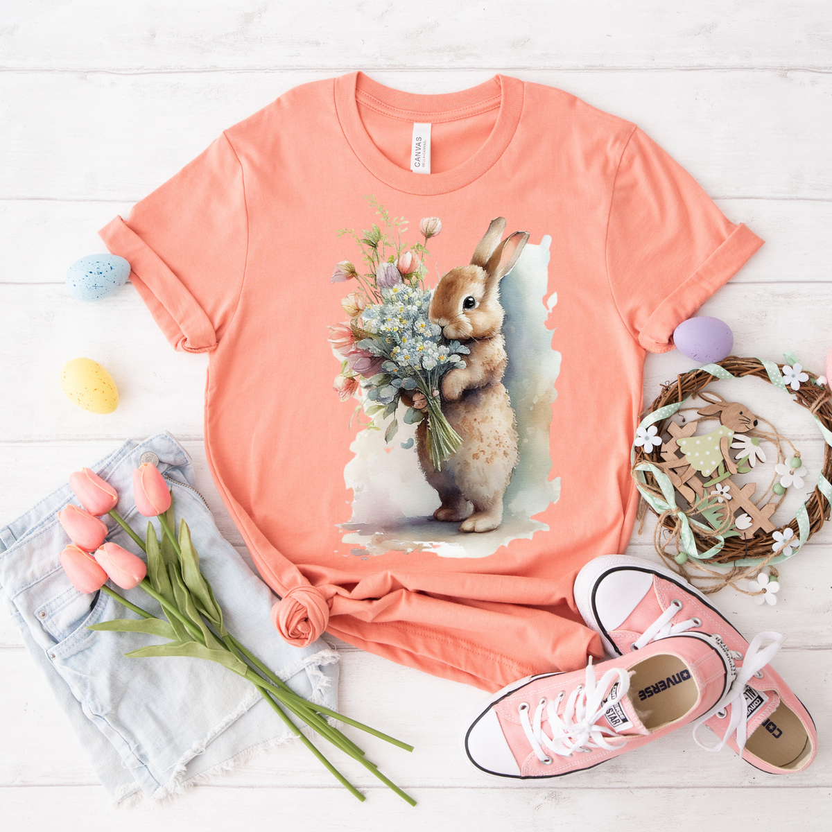 Floral Bunny T-Shirt, Cute Spring Tee, Rabbit Graphic Shirt, Gift for Animal Lovers, Easter Apparel, Garden Party Top
