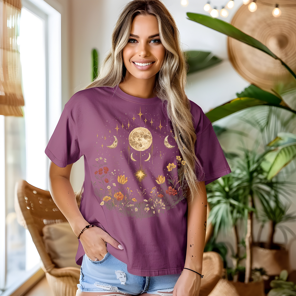 Cosmic Floral Unisex T-Shirt - Garment-Dyed Moon and Stars Design, Cottage Core Celestial Shirt, Moon Phase Shirt