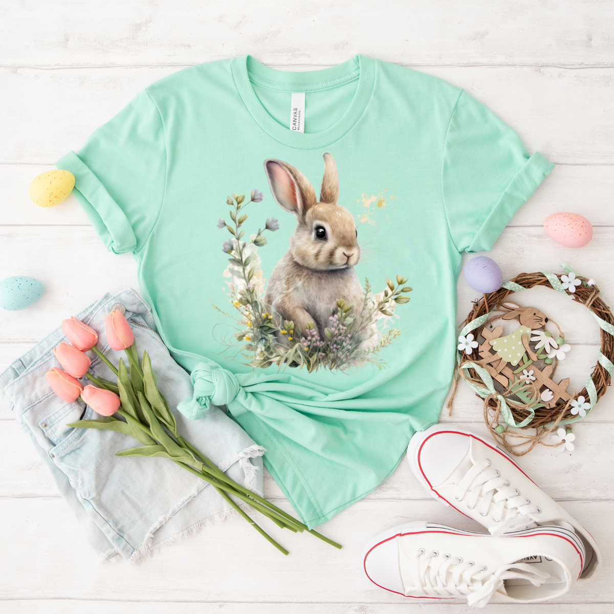 Cute Rabbit Floral T-Shirt, Unisex Tee, Animal Lovers Gift, Spring Fashion, Easter Outfit, Nature Inspired Apparel