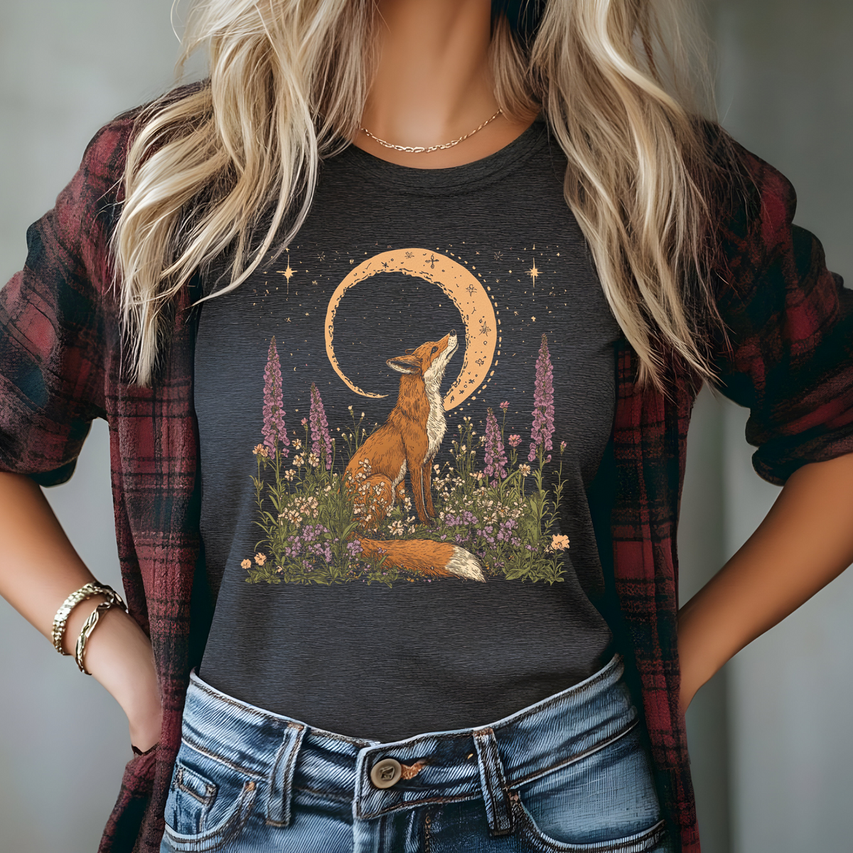 Moonlit Fox Unisex Softstyle T-Shirt - Nature Lover's Tee, Celestial Shirt, Fox Cottage Core Shirt