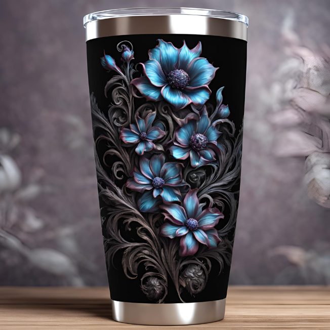 Floral Black Tumbler 20oz – Elegant Travel Mug for Coffee Lovers, Gothic Flower Tumbler