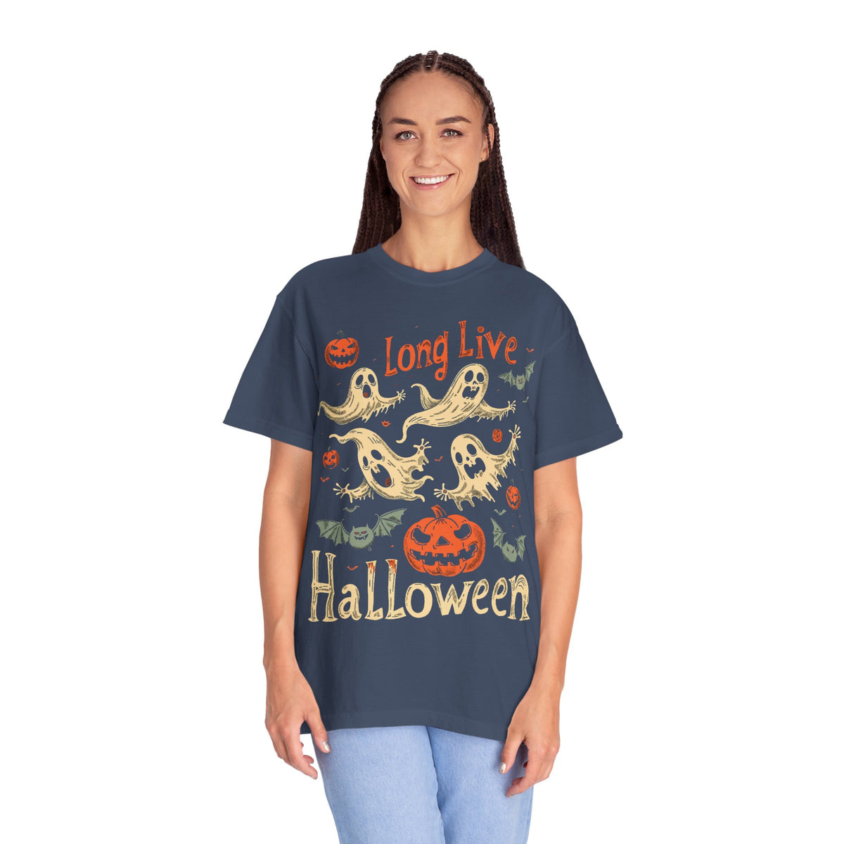 Vintage Long Live Halloween Unisex T-shirt - Spooky Ghosts & Pumpkin Design