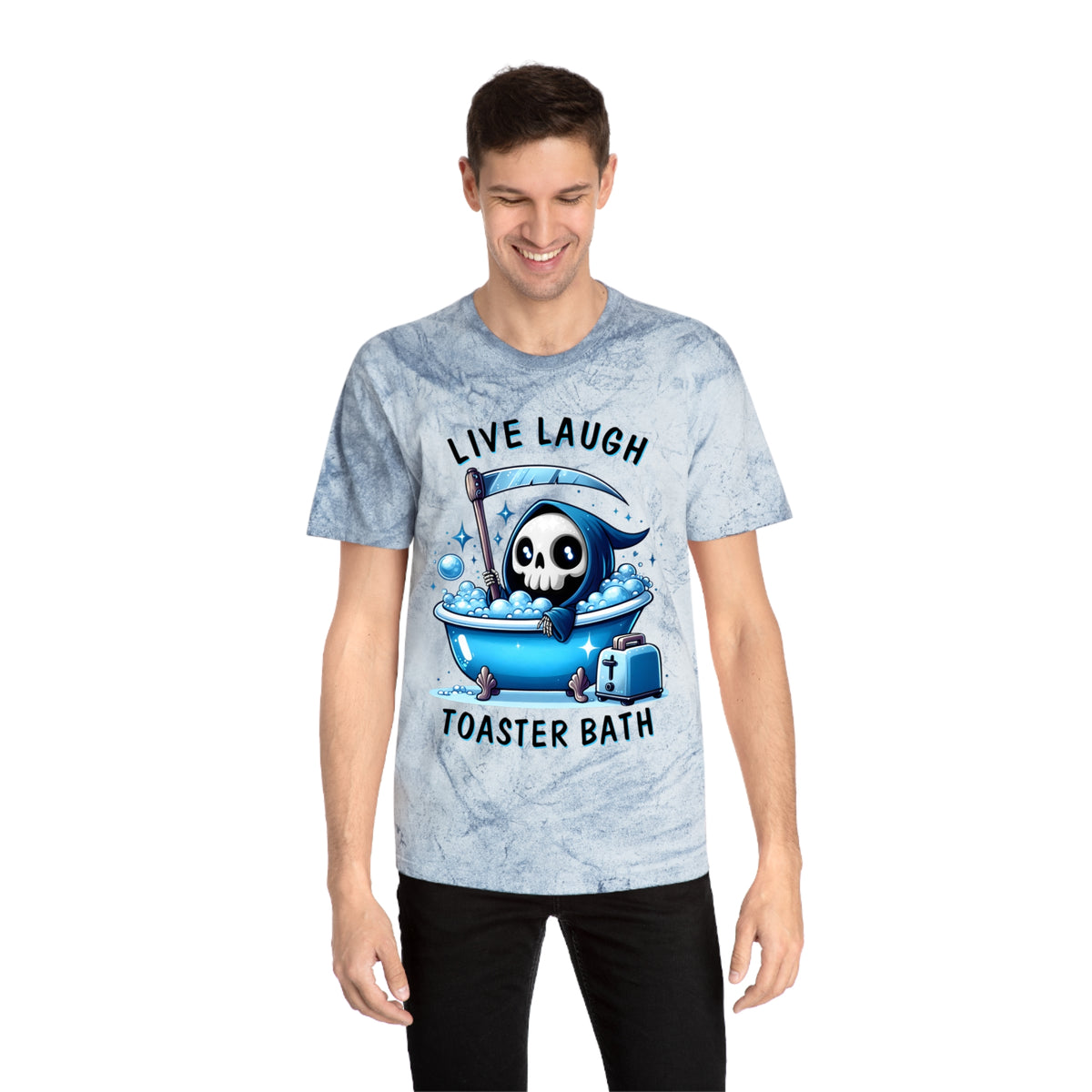 Live Laugh Toaster Bath Unisex Color Blast T-Shirt, Cute Blue Grim Reaper Halloween Shirt, Funny Grim Reaper Shirt