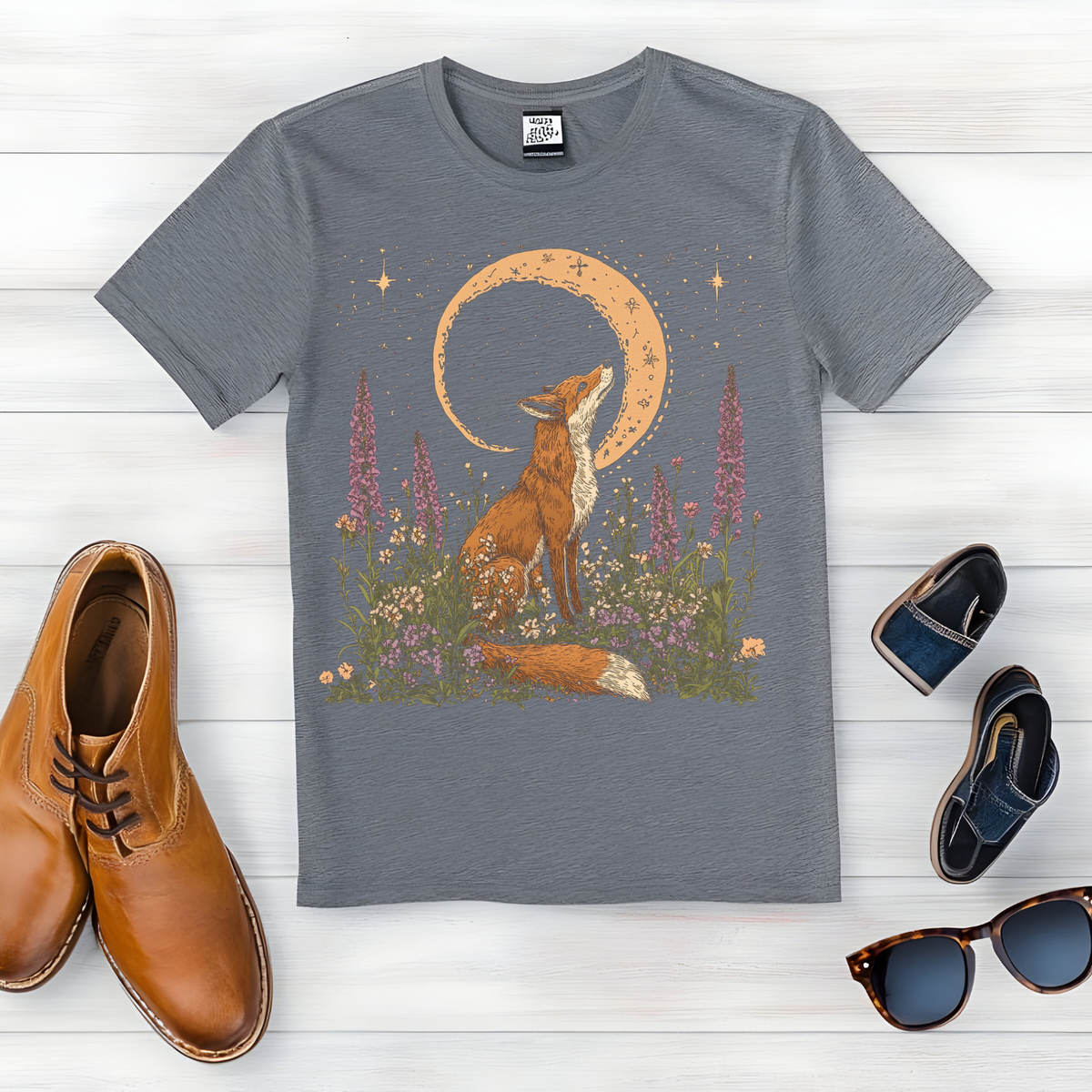 Moonlit Fox Unisex Softstyle T-Shirt - Nature Lover's Tee, Celestial Shirt, Fox Cottage Core Shirt