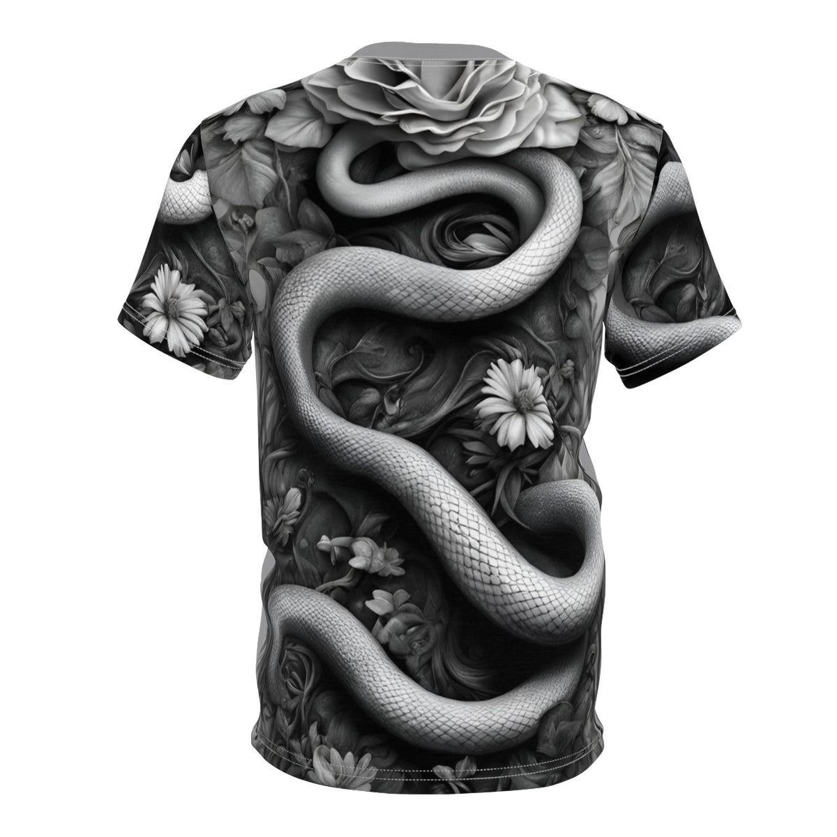Serpent and Floral Unisex Tee - Stylish Graphic Shirt for Nature Lovers, Black and White Snake and Flowers AOP Shirt