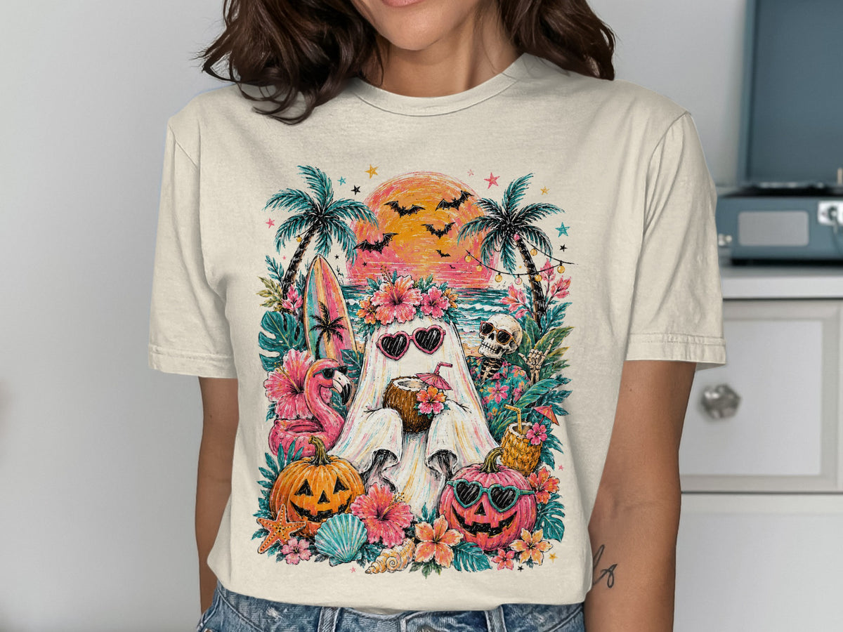 Ghost wearing heart sunglasses drinks coconut with pumpkins and tropical beach scene.