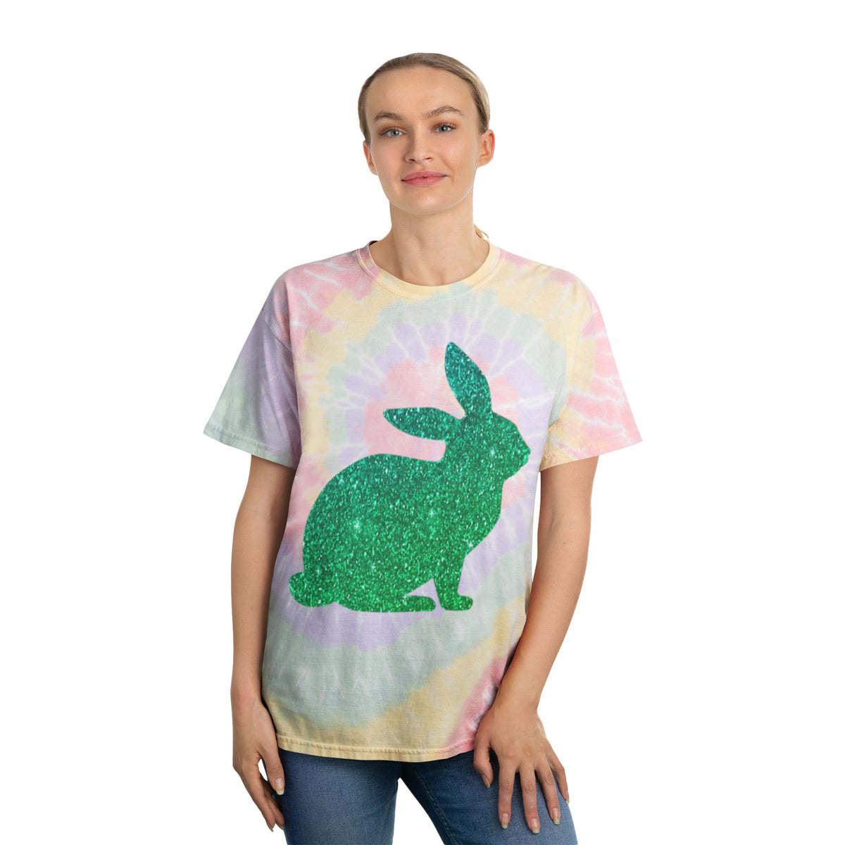 Spiral Tie-Dye Tee with Glitter Rabbit Design, Boho Style Shirt, Easter Celebration, Summer Vibes, Gift for Animal Lovers, Handmade Apparel