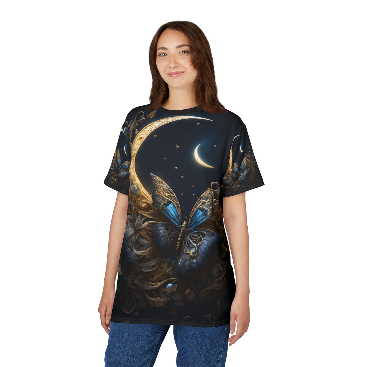 Majestic Butterfly Moon Unisex Tee - Celestial Art & Nature Design, Celestial Butterfly AOP Shirt