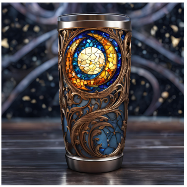 Artistic Stained Glass Tumbler 20oz - Stylish Travel Mug for All Occasions, Stained Glass Crescent Moon Tumbler