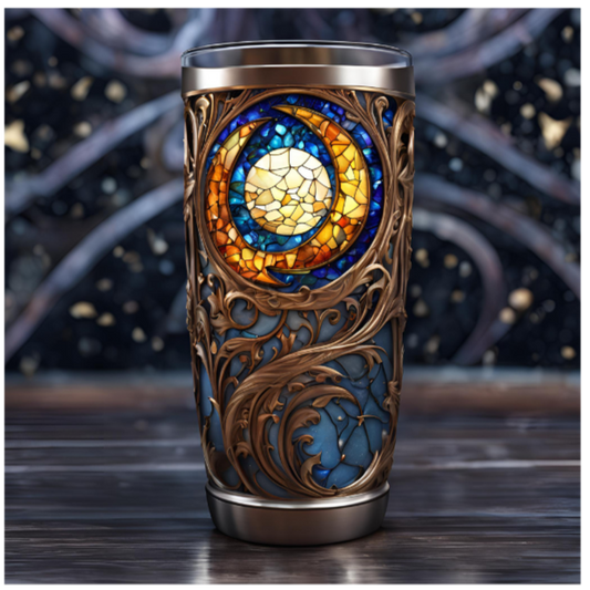 Artistic Stained Glass Tumbler 20oz - Stylish Travel Mug for All Occasions, Stained Glass Crescent Moon Tumbler