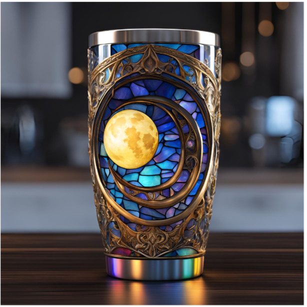 Moonlit Stained Glass Tumbler 20oz - Stylish Travel Mug for Coffee & Tea Lovers, Stained Glass Crescent Moon Tumbler