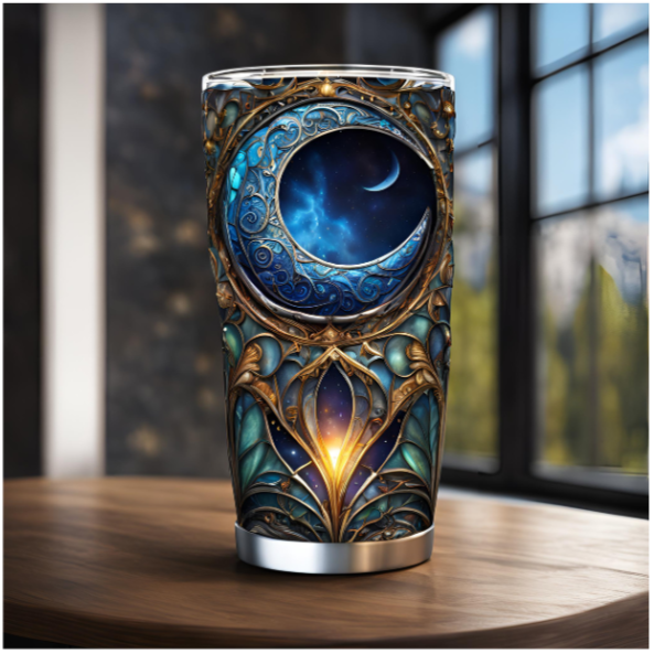 Mystical Celestial Tumbler | 20oz Travel Mug | Perfect Gift for Stargazers, Stained Glass Crescent Moon Tumbler