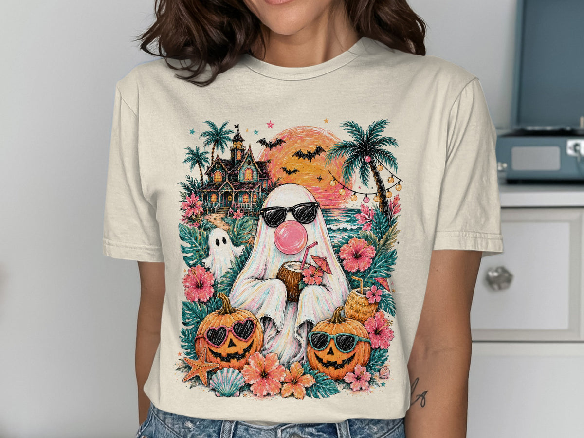 Ghost in sunglasses with bubblegum and drinks at tropical haunted house with pumpkins.