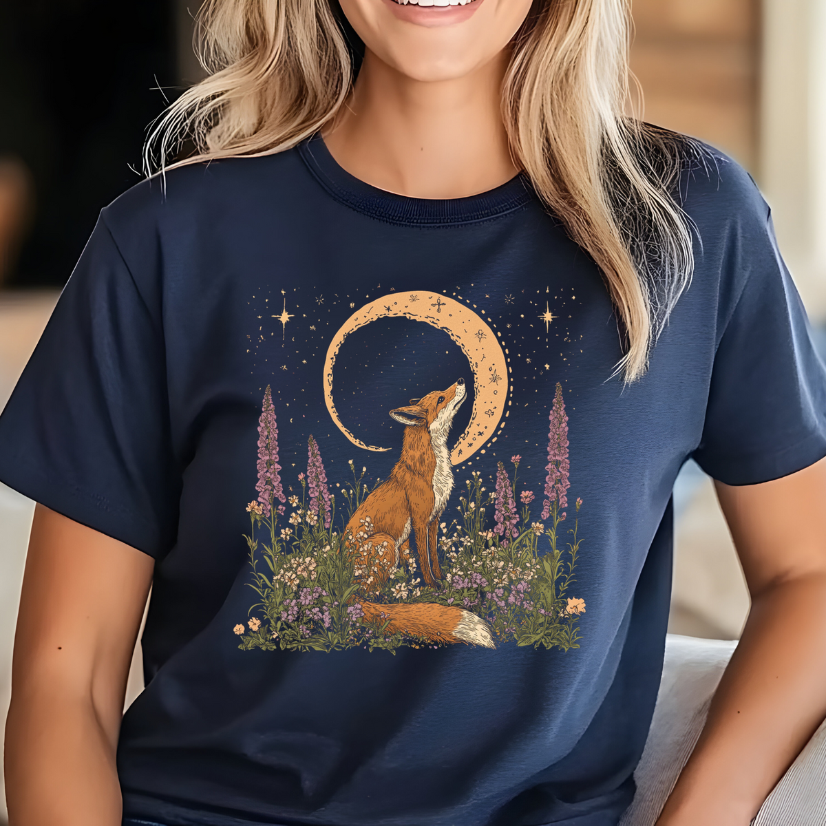 Moonlit Fox Unisex Softstyle T-Shirt - Nature Lover's Tee, Celestial Shirt, Fox Cottage Core Shirt
