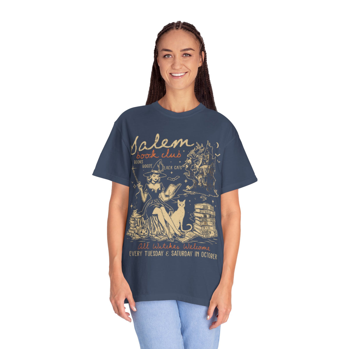 Salem Book Club T-Shirt - Unisex Garment-Dyed Tee for Book Lovers,  Vintage Salem Witch Halloween Shirt